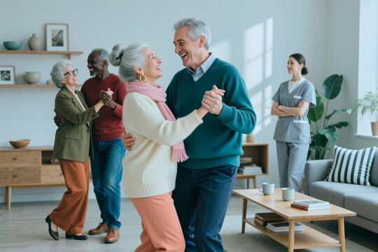 Wide shot of senior couples dancing during group care activity with nurse supervising in retirement home, representing active aging and social support