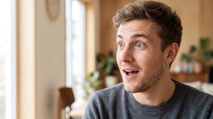 Obraz premium Close up of surprised man reacting with excitement, natural light, indoor background, expressive face showing shock and amusement, perfect for April Fools’ Day concept.