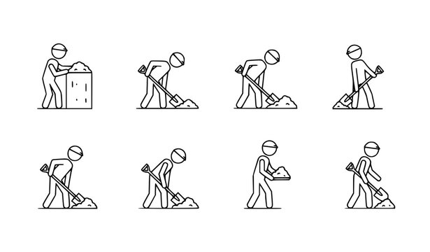 Stick figure digging icon set man working with shovel construction vector silhouettes isolated on white