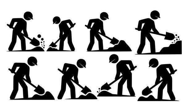 Stickman digging silhouettes worker with shovel icon set construction activity vector isolated on white background