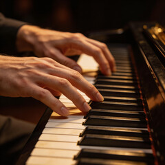 Fototapeta premium Close-up of hands playing a piano keyboard in warm lighting, highlighting the fingers pressing the keys with focus and skill.