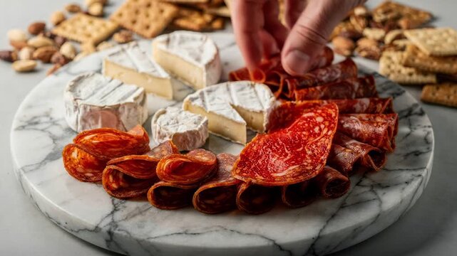 Marble board arranged with soft cheeses and spiced meats in clear focus while roasted nuts and crackers blend softly into the background.