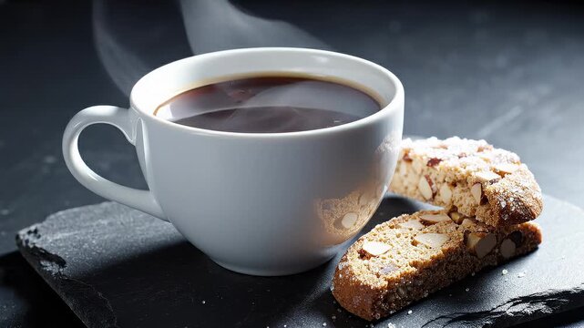 Steaming Cup of Coffee With Almond Biscotti Cookies on Dark Slate Surface