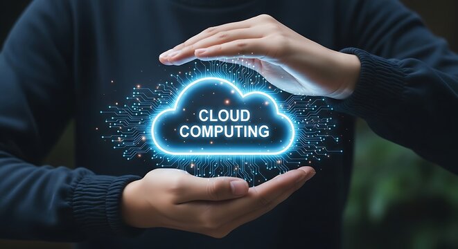 Person holding glowing cloud computing symbol with circuit board background technology
