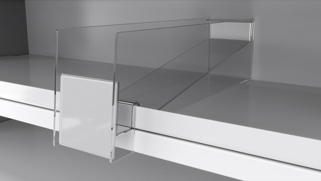 Close-up of empty clear display organizer box and blank shelf talkers on supermarket shelf. 3d illustration