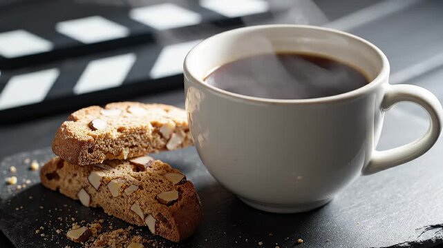 Steaming Cup of Coffee With Almond Biscotti Cookies on Slate Board, Cinematic Background