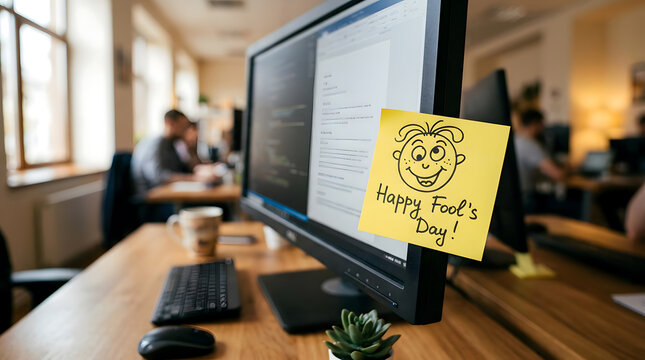 Funny April Fools prank note on office monitor with smiling doodle, creative workplace humor concept, candid desk scene with soft focus background.