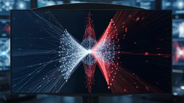 Focus on a large screen displaying stress test results of a credit portfolio digital twin with key performance metrics in clear view and the background blurred for emphasis.