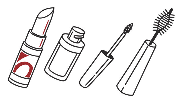 A vector graphic illustration of various makeup products including lipstick and mascara
