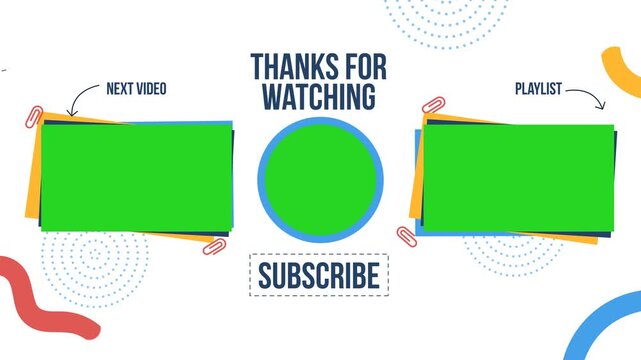 End screen with green box placeholders for videos and a circle for subscription, ideal for video content creators and channel branding