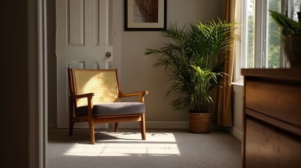 Fototapeta premium A sunlit vintage armchair sits by a window in a tranquil room casting gentle shadows