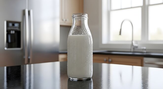 A clear glass bottle three-quarters full of milk rests on a kitchen countertop