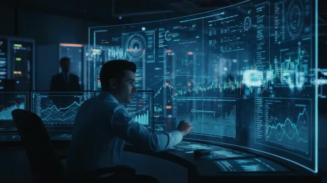Employee analyzing live transaction graphs on central display in payment operations room background blurred to emphasize detailed data review.