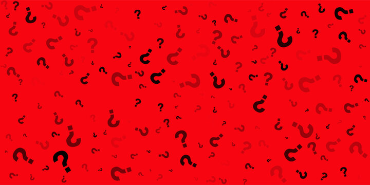 Abstract red background filled with scattered question mark symbols in different sizes and opacity. Modern conceptual pattern representing curiosity, mystery, 