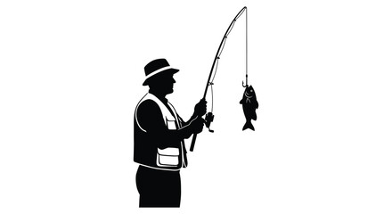 A fisherman stands poised with a rod a caught fish dangling below rendered as a striking silhouette high quality professional detailed © CreativeAkash099