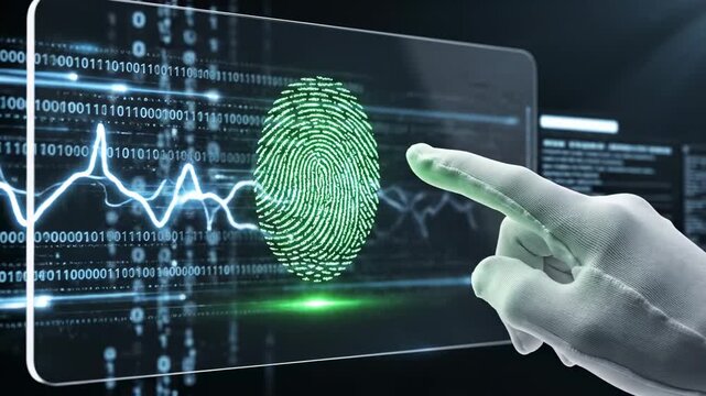 This content shows a futuristic digital scene related to crime investigation, with a gloved hand interacting with a glowing fingerprint on a screen displaying code and graphs.