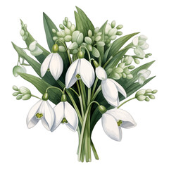 Obraz premium Watercolor Snowdrop and Lily of the Valley Flower Bouquet, White Spring Floral Clipart Isolated on White 