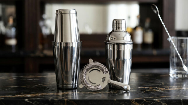 Boston shaker and cobbler shaker with Hawthorne strainer on dark marble