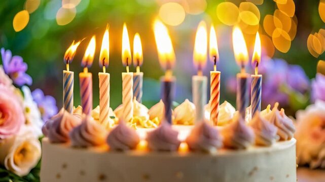 Celebratory cake with burning candles and floral decorations in a softly lit outdoor environment for festive occasion.