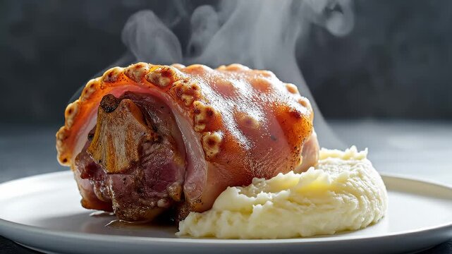 Steaming Pork Knuckle With Mashed Potatoes Served on a White Plate, Close Up