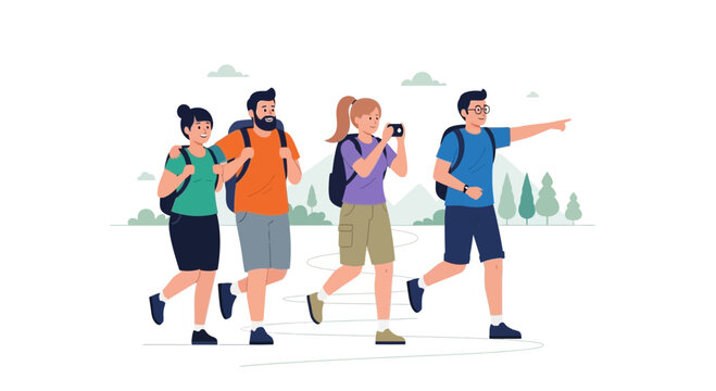 Diverse Group Hiking Adventure: Friends Exploring Nature with Backpacks and Camera