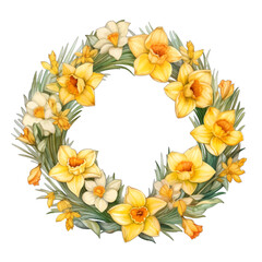 Fototapeta premium Watercolor Yellow Daffodil Wreath Clipart, Spring Narcissus Floral Frame Illustration Isolated on White Background