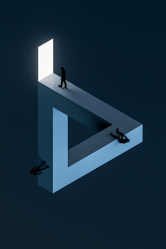 3D impossible portal triangle with figure and bright exit