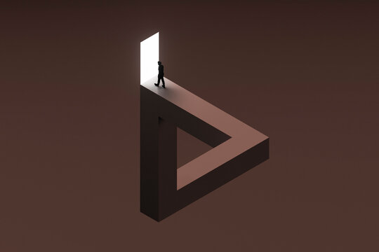 3D portal triangle escape with lone figure and white door