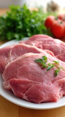 Fototapeta premium Raw pork belly slices on a plate ready for cooking, presented with fresh herbs and vegetables in a kitchen setting