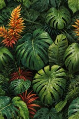 Fototapeta premium Top view of lush tropical foliage featuring monstera leaves and vibrant exotic flowers in a rich, vivid digital painting style. High-quality botanical background