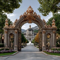 Obraz premium Royal palace entrance with classical columns and gold accents high resolution picture