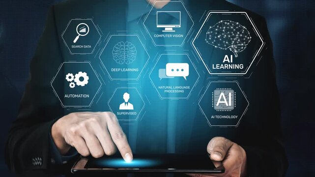 AI learning system involves deep learning, supervised machine learning, and natural language processing. AI learning diagram shows how AI advances learn in automation and data processing. Muxer