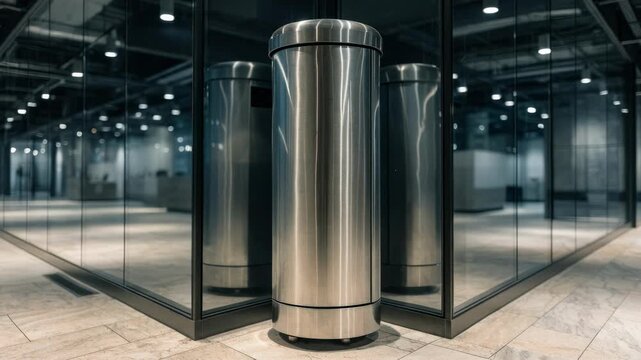 Focused cash withdrawal machine in a sleek indoor corner with blurred reflections on glass walls and distant customer counters.