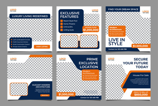 Real Estate Social Media Carousel Template Pack, Modern Geometric Property Listing Layouts, Editable AI file