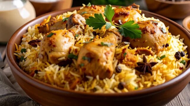 Aromatic chicken biryani served in a rustic wooden bowl, garnished with parsley and star anise on wooden table