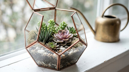 Naklejka premium Open geometric copper and glass terrarium with succulents and stones