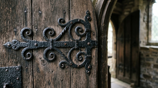 Ornate vintage wrought iron door hinges with scroll ends on aged oak