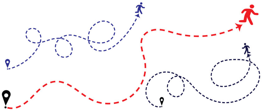 People path line route concept travel and transportation. Dotted path line with red markers, vector travel route concept, flat map style illustration for trip planning