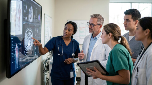 Medical team of doctor and nurse analyzing patient scan on digital screen. Healthcare specialist explaining medical imaging data to intern. Hospital diagnostics, teamwork, technology.