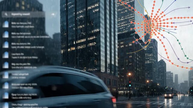 Detailed focus on a map app with a public transit layer displaying bus stops and train lines contrasted by a softly blurred search results sidebar for local amenities.
