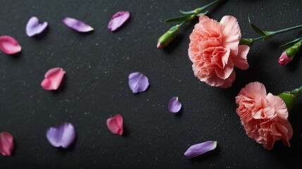 Fototapeta premium Delicate pink and purple flower petals scattered on a dark surface.