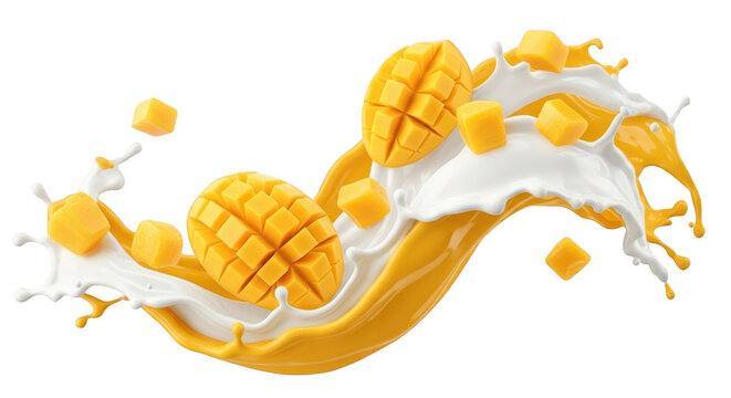 Mango fruit and juice splashing in milk creating a dynamic and refreshing scene with chunks of mango flying through the air  showcasing a vibrant and appetizing combination transparent background