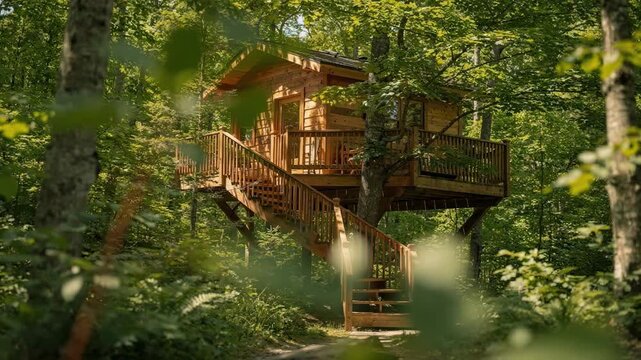 Elevated wooden treehouse nestled in lush green foliage with detailed staircase and railings softly blurred in the background on a bright summer day.