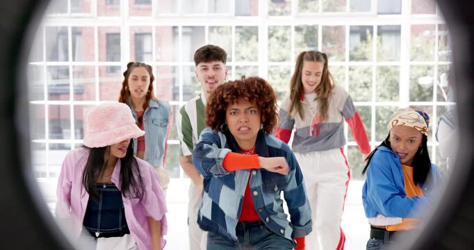 Live stream, friends and people dance together for hip hop performance, fashion or content creation. Happy, dancer and record video for social media, energy or influencer group with studio ring light