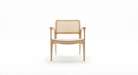 Fototapeta premium Modern Wooden Armchair with Woven Rattan Backrest, Minimalist Scandi Design Lounge Chair Isolated on White Background for Interior Furniture