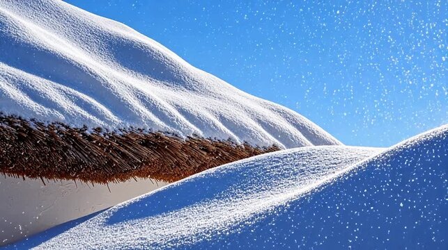 Snowcovered thatched roof under blue sky