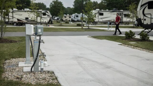 Concrete pullthrough RV site captured in medium shot focusing on the parking pad and hookup posts with the rest of the campground subtly blurred for depth.