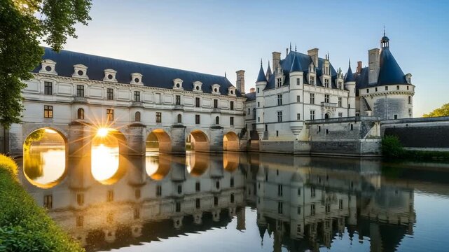 Chateau de chenonceau with reflections in water at sunset dynamic footage