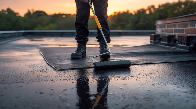 Professional Rooftop Worker Applying Waterproofing Coating at Sunset, Building Maintenance & Repair Service, Industrial Construction