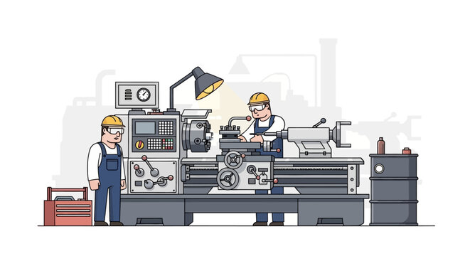 Two workers operate and assist at a large industrial lathe machine in a factory.